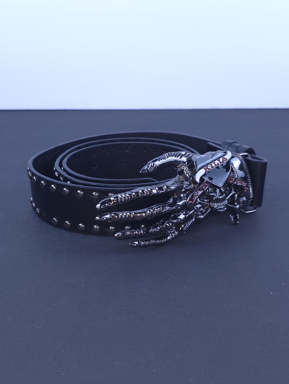 ​Y2K Gothic Skeleton Hand Belt "Love Kills Slowly" Studded Black Belt 44"